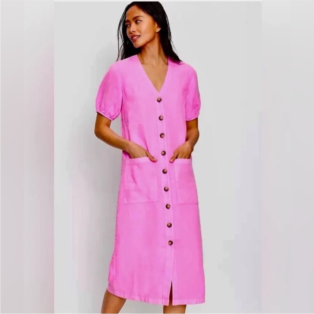 Lou & Grey Hot Pink Linen Short Sleeve Button Down Midi Dress w/ Pockets Medium